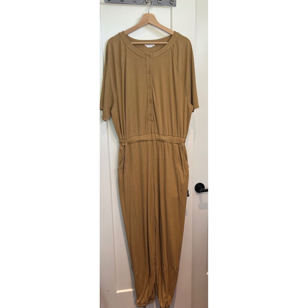 Lovers + Friends XL Ribbed Henley Jumpsuit Short Sleeve Tie Ankle USA